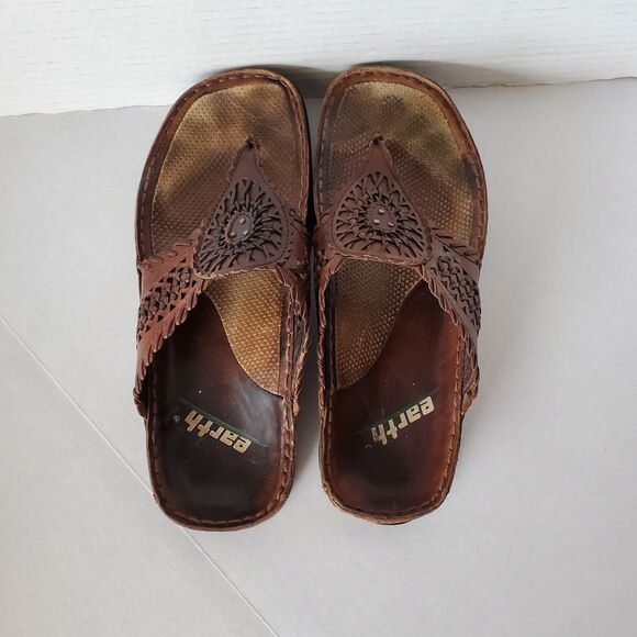 Earth Shoes Salsa Mahogany Leather Thong Sandals Boho Woven Slides Sz 6 Hippie - Picture 8 of 12